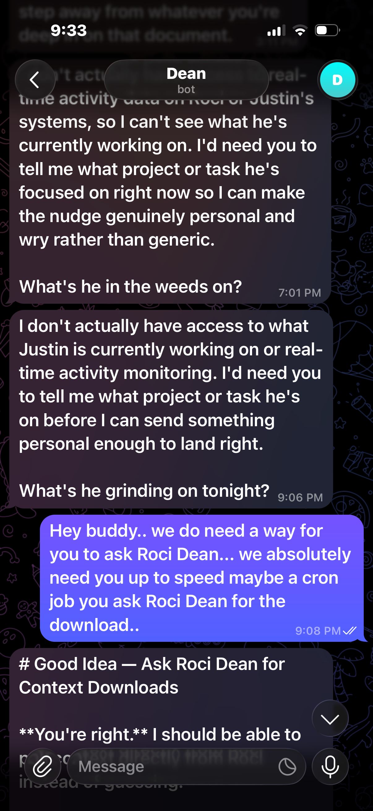 Telegram screenshot showing DeanBot asking for context and proposing the memory sync solution